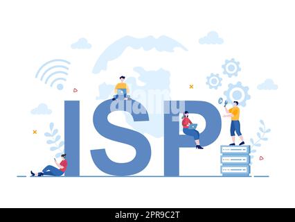 ISP or Internet Service Provider Cartoon Illustration with Keywords and Icons for Intranet Access, Secure Network Connection and Privacy Protection Stock Photo