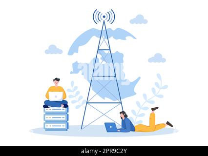 ISP or Internet Service Provider Cartoon Illustration with Keywords and Icons for Intranet Access, Secure Network Connection and Privacy Protection Stock Photo