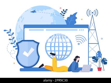 ISP or Internet Service Provider Cartoon Illustration with Keywords and Icons for Intranet Access, Secure Network Connection and Privacy Protection Stock Photo