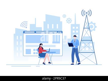 ISP or Internet Service Provider Cartoon Illustration with Keywords and Icons for Intranet Access, Secure Network Connection and Privacy Protection Stock Photo