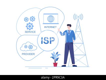 ISP or Internet Service Provider Cartoon Illustration with Keywords and Icons for Intranet Access, Secure Network Connection and Privacy Protection Stock Photo