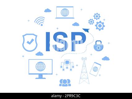 ISP or Internet Service Provider Cartoon Illustration with Keywords and Icons for Intranet Access, Secure Network Connection and Privacy Protection Stock Photo