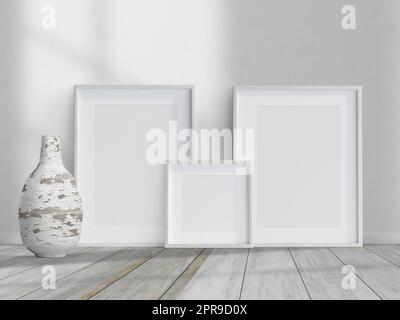 Photo Frames for Mockup on wooden Floor with white Background Stock Photo