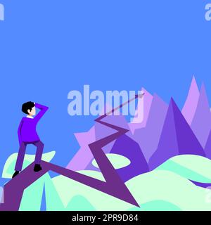 Businessman watching horizon arrow pointing distance symbolizing future project success achieving goals. Man reaching heights representing successful career achievement. Stock Vector