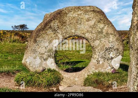 Men-an-Tol known as Men an Toll or Crick Stone - small formation of standing stones in Cornwall, United Kingdom Stock Photo