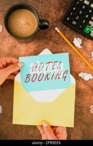 Text sign showing Hotel Booking. Business approach Online Reservations Presidential Suite De Luxe Hospitality Woman Holding Blank Letter With Coffee And Stationery Over Wood. Stock Photo