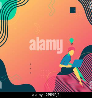 Woman Sitting With Laptop Actively Accomplishing Work From Home With New Thoughts. Girl Busy Typing On Computer Brainstorming New Ideas Stock Vector
