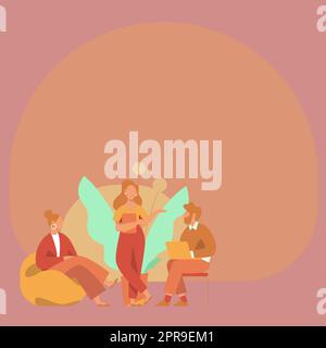 Three Colleagues Having Office Meeting Sharing Thoughts Together Presenting Latest Project Plan Ideas. Partners Discussing Future Strategies Managing Newest Assignments. Stock Vector