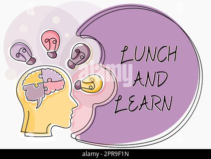 Writing displaying text Lunch And Learn. Concept meaning Have meal and study motivation for education learning eating Man With Puzzled Brain Thinking New Ideas Shown On Presentation Board. Stock Photo