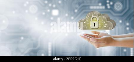 Businessman hand holding Cloud computing technology internet storage network. Stock Photo