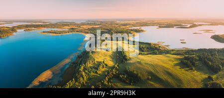 Braslaw Or Braslau, Vitebsk Voblast, Belarus. Aerial View Of Voyso Lake And Nyespish Lake In Sunny Autumn Morning. Top View Of Beautiful European Nature From High Attitude. Bird's Eye View. Panorama. Famous Lakes. Natural Landmarks Stock Photo