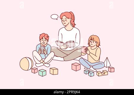 Happy young mother relax together with small kids at home. Mom or nanny rest with little children indoors. Childhood and parenthood. Vector illustrati Stock Photo