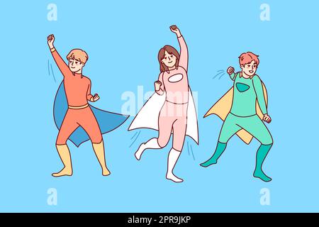 Happy children in superheroes costumer playing together outside. Smiling kids in hero suits enjoy masquerade or carnival. Childhood. Vector illustrati Stock Photo