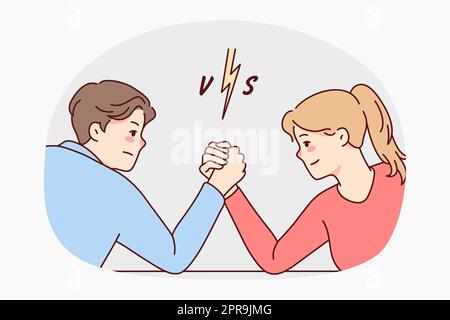 Man and woman arm wrestling decide leadership and dominance. Male and female cartoon characters demonstrate strength and power. Vector illustration. Stock Photo