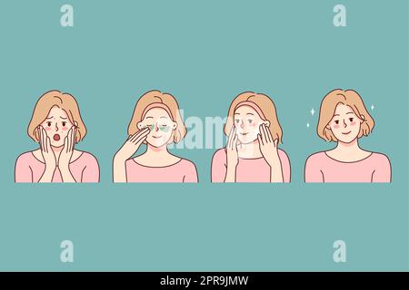 Woman with acne try new beauty product see excellent skin results. Girl before and after skincare treatment. Cosmetology and dermatology. Vector illus Stock Photo