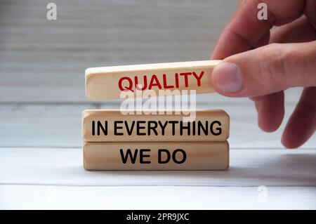 Quality in everything we do text on wooden blocks. Quality control concept Stock Photo