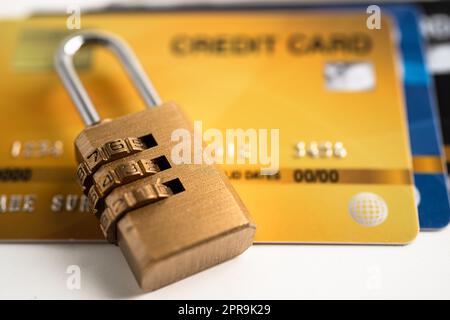 Credit card with password key lock security, exchange finance concept. Stock Photo