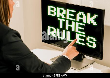 Text caption presenting Break The Rules. Word for Make changes do everything different Rebellion Reform Businesswoman Pointing Important Infortmation With One Finger On Computer. Stock Photo