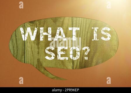 Text caption presenting What Is Seo. Business showcase Search Engine Keywording Marketing Online searching Strategies Cropped Speech Bubble With Important Message Placed On Floor. Stock Photo