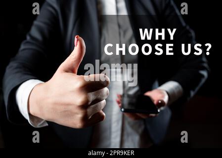 Text caption presenting Why Choose Us. Business overview Reasons for choosing our brand over others arguments Businesswoman Holding Cellphone In One Hand And Showing Thumbs Up. Stock Photo