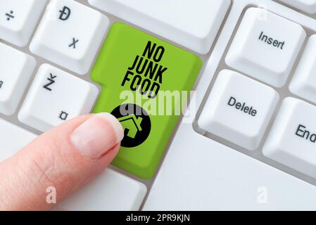 Sign displaying No Junk Food. Conceptual photo Stop eating unhealthy things go on a diet give up burgers fries -49188 Stock Photo