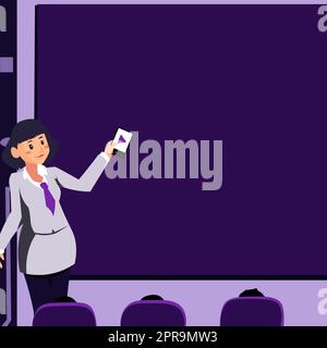 Woman Holding Remote Control Presenting Latest Ideas On Backdrop Screen. Lady Standing In Front Board Giving Presentation Displaying Future Project Strategy Plans. Stock Vector