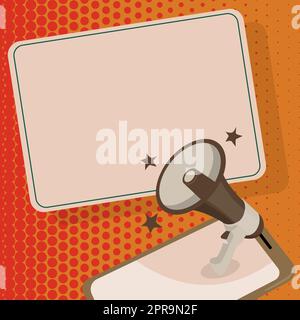 Megaphone Displaying Important Message. Object Announcing News Bulletin Board Pointing Arrow Presenting Announcement Information Exhibiting Detailed Report. Stock Vector