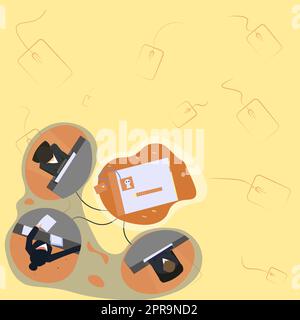 Three Colleagues Having Office Meeting Sharing Thoughts Together Presenting Latest Project Plan Ideas. Partners Discussing Future Strategies Managing Newest Assignments. Stock Vector