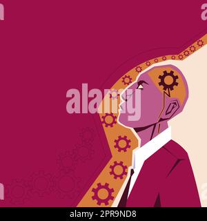 Creative Minds Combining Ideas Creating Innovative Strategies Displaying Teamwork. Heads With Cogwheels Representing Combined Effort Producing Advancement Plans. Stock Vector