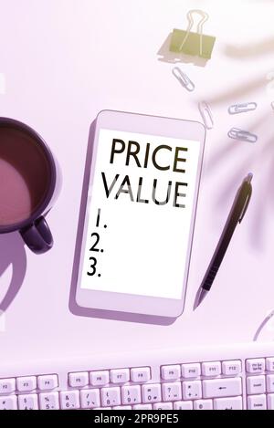 Sign displaying Price Value. Business showcase strategy which sets cost primarily but not exclusively Mobile Phone Screen With Important Message On Desk With Coffee And Keyboard Stock Photo