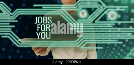 Text sign showing Jobs For You. Word for List of available positions that suit your skills experience Businesswoman With Tablet Presenting New Global Communication Ideas. Stock Photo