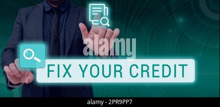 Conceptual display Fix Your Credit. Business overview Keep balances low on credit cards and other credit Businessman With Two Hands Searching For Important Data And New Ideas. Stock Photo