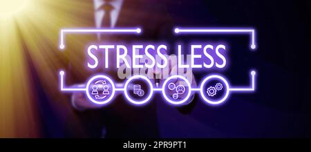 Writing displaying text Stress Less. Business approach Stay away from problems Go out Unwind Meditate Indulge Oneself Businessman in suit holding open palm symbolizing successful teamwork. Stock Photo