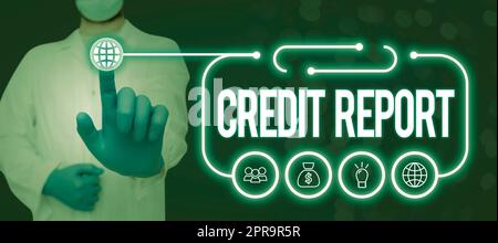 Text sign showing Credit Report. Word Written on Borrowing Rap Sheet Bill and Dues Payment Score Debt History Doctor Holding Pen And Presenting Crutial Ideas In Futuristic Frame. Stock Photo