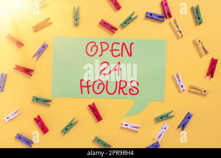 Text showing inspiration Open 24 Hours. Word for Working all day everyday business store always operating Colorful Pegs Placed Around Speech Bubble With Important Information. Stock Photo