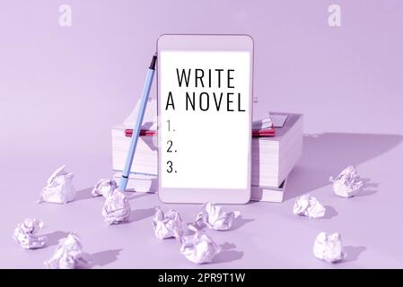 Conceptual caption Write A Novel. Word Written on Be creative writing some literature fiction become an author Important Messages Presented On Mobile Phone Leaning On Books And Notebook. Stock Photo