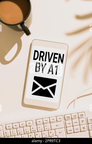 Handwriting text Driven By A1. Business concept Move or controlled by a top quality driver in the society Mobile Phone Screen With Important Message On Desk With Coffee And Keyboard Stock Photo