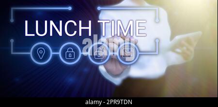 Inspiration showing sign Lunch Time. Business idea Meal in the middle of the day after breakfast and before dinner Lady in suit holding pen symbolizing successful teamwork accomplishments. Stock Photo