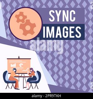 Text caption presenting Sync Images, Business concept Making photos identical in all devices Accessible anywhere Colleagues Sitting On Desk With Lapto Stock Photo