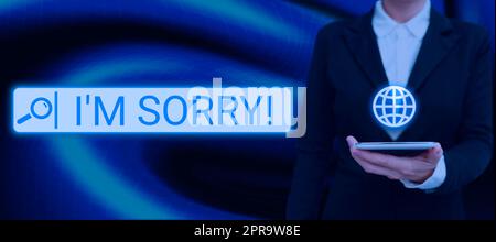 Sign displaying I Am Sorry. Business concept Toask for forgiveness to someone you unintensionaly hurt Lady in suit holding pen symbolizing successful teamwork accomplishments. Stock Photo