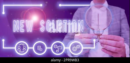 Sign displaying New Solution. Business showcase Modern Innovation Latest effective approach to a problem Woman With A Light Bulb Image In A Graphic Frame Displaying Digital Data. Stock Photo