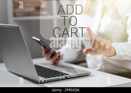 Conceptual caption Add To Cart. Internet Concept Online purchasing ecommerce modern technologies to shop Businesswoman Holding Phone And Pointing With One Finger On Important News. Stock Photo