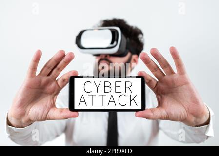 Writing displaying text Cyber Attack. Business overview An attempt by hackers to Damage Destroy a Computer System Man Holding Mobile Phone With Important Messages And Wearing Vr Glasses. Stock Photo