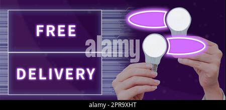 Writing displaying text Free Delivery. Concept meaning Shipping Package Cargo Courier Distribution Center Fragile Woman Holding Light Bulbs Presenting Exchanging Of New Ideas. Stock Photo