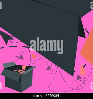 Open Box With Flying Paper Planes Presenting New Free Ideas. Exposed Crate Floating Origami Kites Towards The Sky Stock Vector