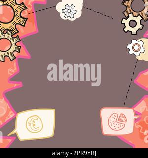 Illustration Of Mechanic Gears Connected To Each Other Performing Work. Drawing Of Cogwheels Attached On Sides Acting Alongside. Currency Signs And Pie Chart. Stock Vector