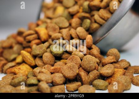 Dry food for cats, dogs, poured out of a bowl, on a light background. Close-up. Blurred background Stock Photo