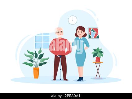 Elderly Care Services Hand Drawn Cartoon Flat Illustration with Caregiver, Nursing Home, Assisted Living and Support Design Stock Photo