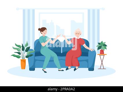 Elderly Care Services Hand Drawn Cartoon Flat Illustration with Caregiver, Nursing Home, Assisted Living and Support Design Stock Photo