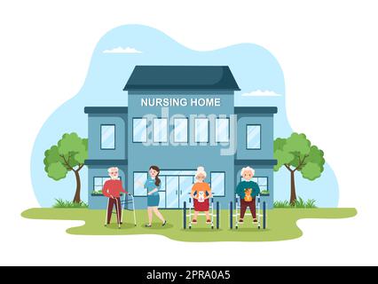 Elderly Care Services Hand Drawn Cartoon Flat Illustration with Caregiver, Nursing Home, Assisted Living and Support Design Stock Photo